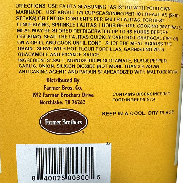 Farmer Brothers Fajita Seasoning (With Tenderizer), 9 Lb Bottle