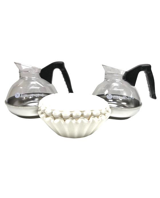 BUNN® 2 Bunn Easy Pour Pots (Black) & 100 12-Cup Filters