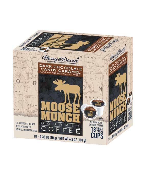 Moose Munch Single Serve Coffee By Harry & David, Dark Chocolate Candy Caramel, 18 Count Box