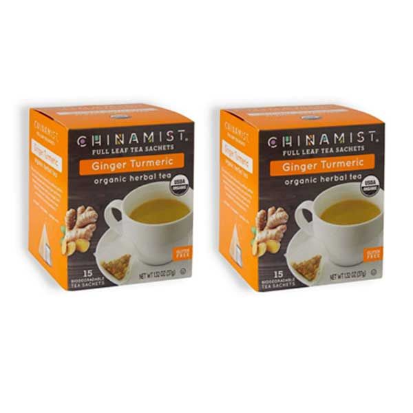China Mist Full Leaf Tea Sachets, Ginger Turmeric Organic Herbal Tea, 2 Boxes (15 Count Each)