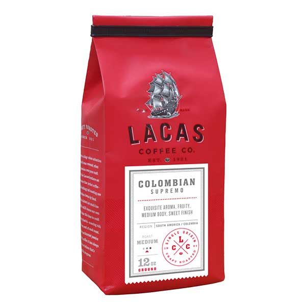 Lacas Coffee Company, Colombian Supremo, Medium Fine Ground Coffee, 4/12oz Bags