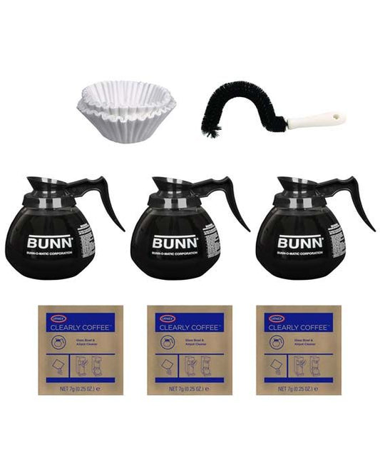 BUNN® Bunn Glass Pots (3 Pack), 100 CF12 Filters, Cleaning Brush And Urnex (3 Pack)