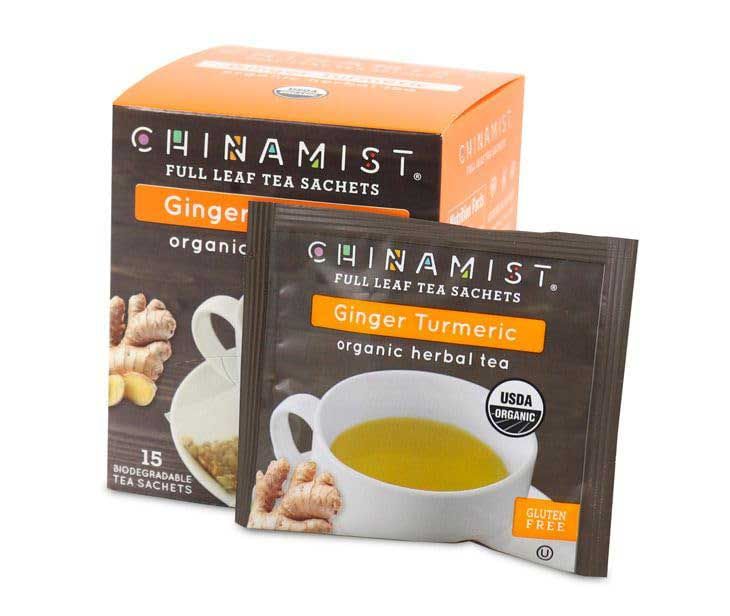  China Mist Full Leaf Tea Sachets, Ginger Turmeric Organic Herbal Tea, 4 Boxes (15 Count Each)