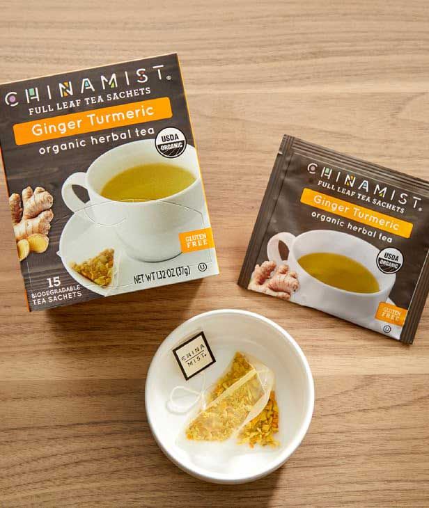  China Mist Full Leaf Tea Sachets, Ginger Turmeric Organic Herbal Tea, 4 Boxes (15 Count Each)