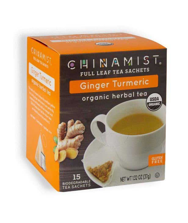  China Mist Full Leaf Tea Sachets, Ginger Turmeric Organic Herbal Tea, 4 Boxes (15 Count Each)