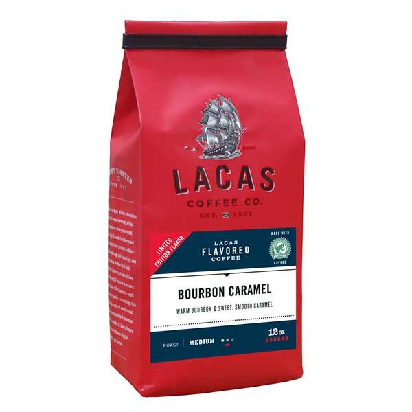  Lacas Coffee Company, Bourbon Caramel, Medium Fine Ground Coffee, 6/12oz Bags
