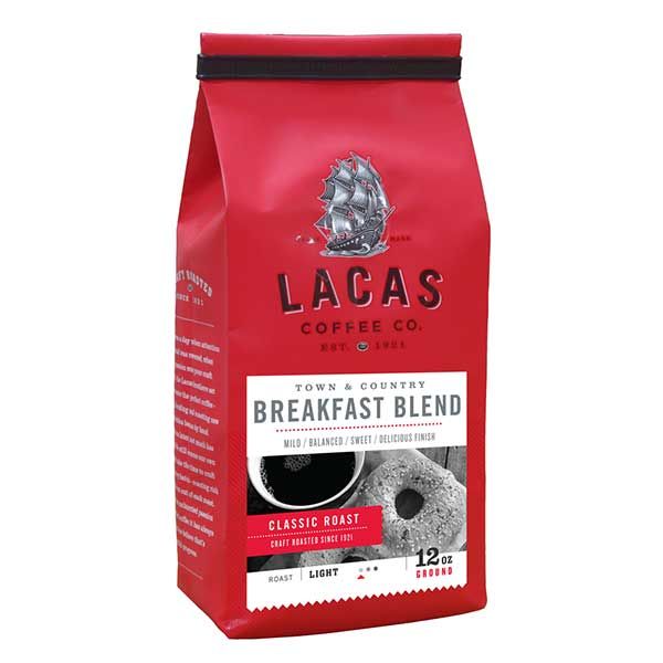  Lacas Coffee Company, Town & Country (Breakfast Blend), Medium Fine Ground Coffee, 6/12oz Bags