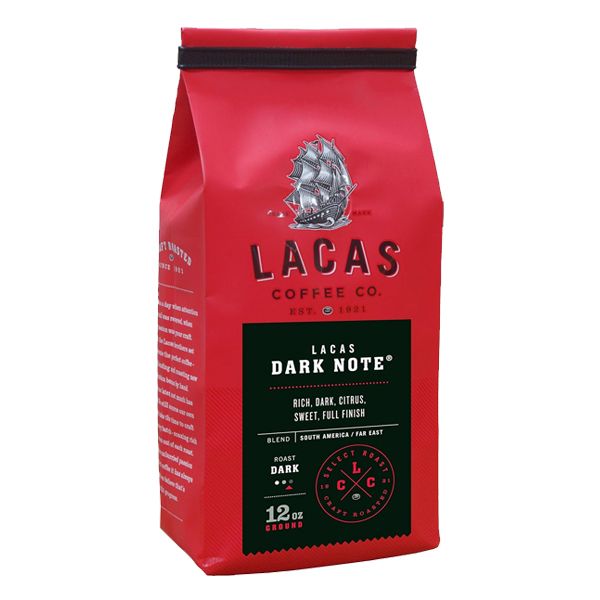  Lacas Coffee Company, Dark Note, Medium Fine Ground Coffee, 6/12oz Bags