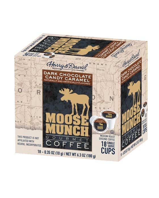  Moose Munch Single Serve Coffee By Harry & David, Dark Chocolate Candy Caramel, 2/18 Count